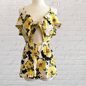 J.O.A. Yellow and Black Floral Flutter Sleeve Romper with Ruffled Tie Front